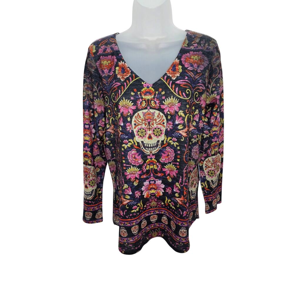 Women's Sugar Skull Floral Gold Rhinestone Tunic Top Long Sleeve Boho Gothic M